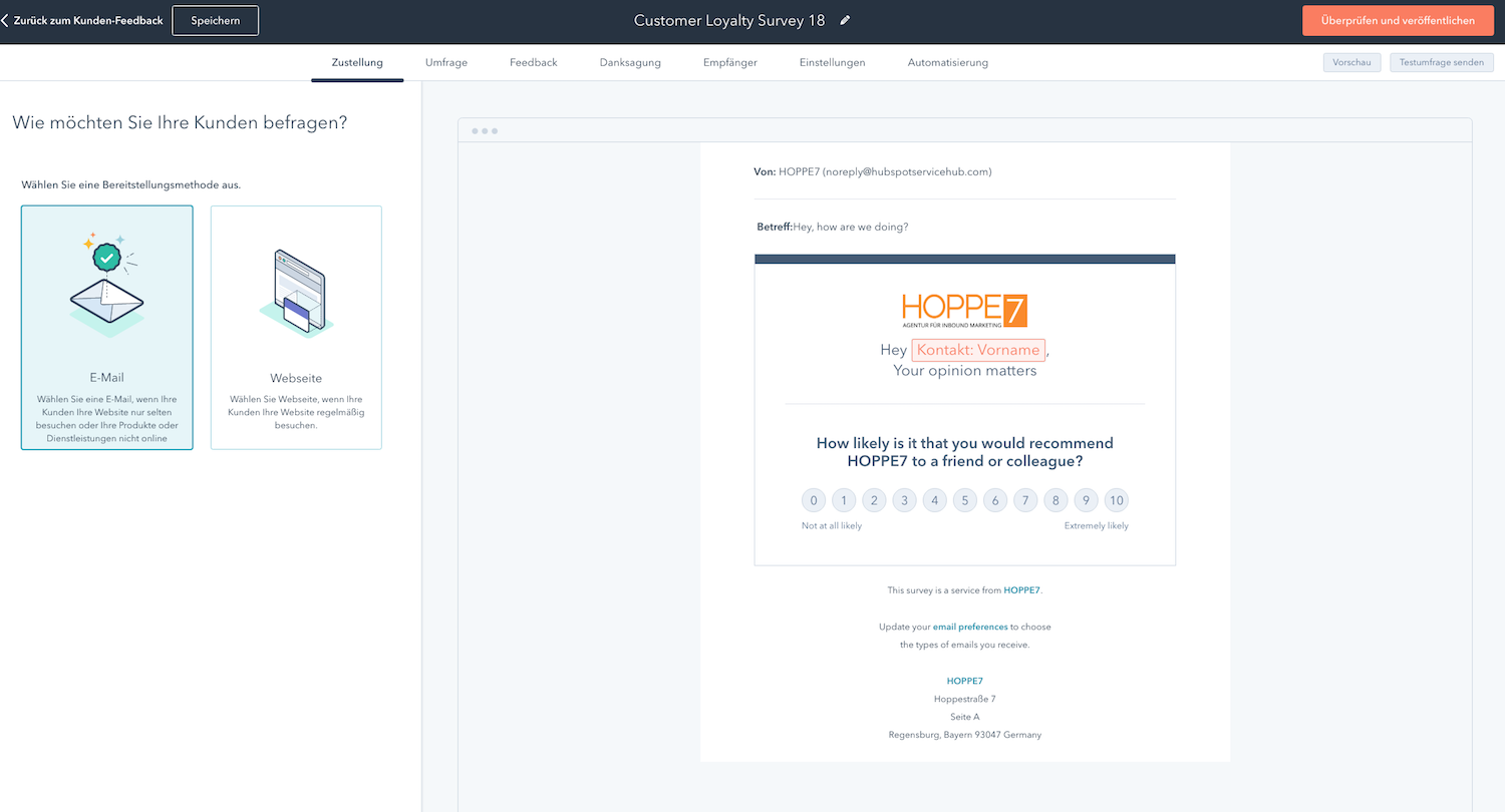 Im HubSpot Service Hub eine NPS-Umfrage per Mail erstellen