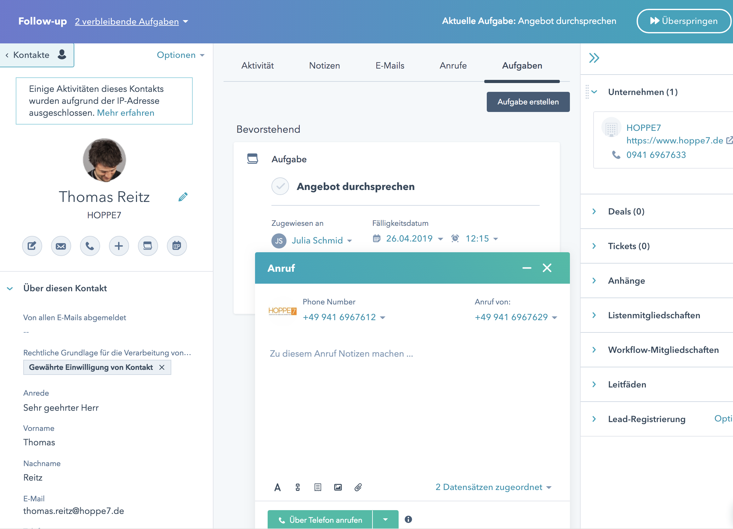 Anruf über HubSpot per Warteschlange