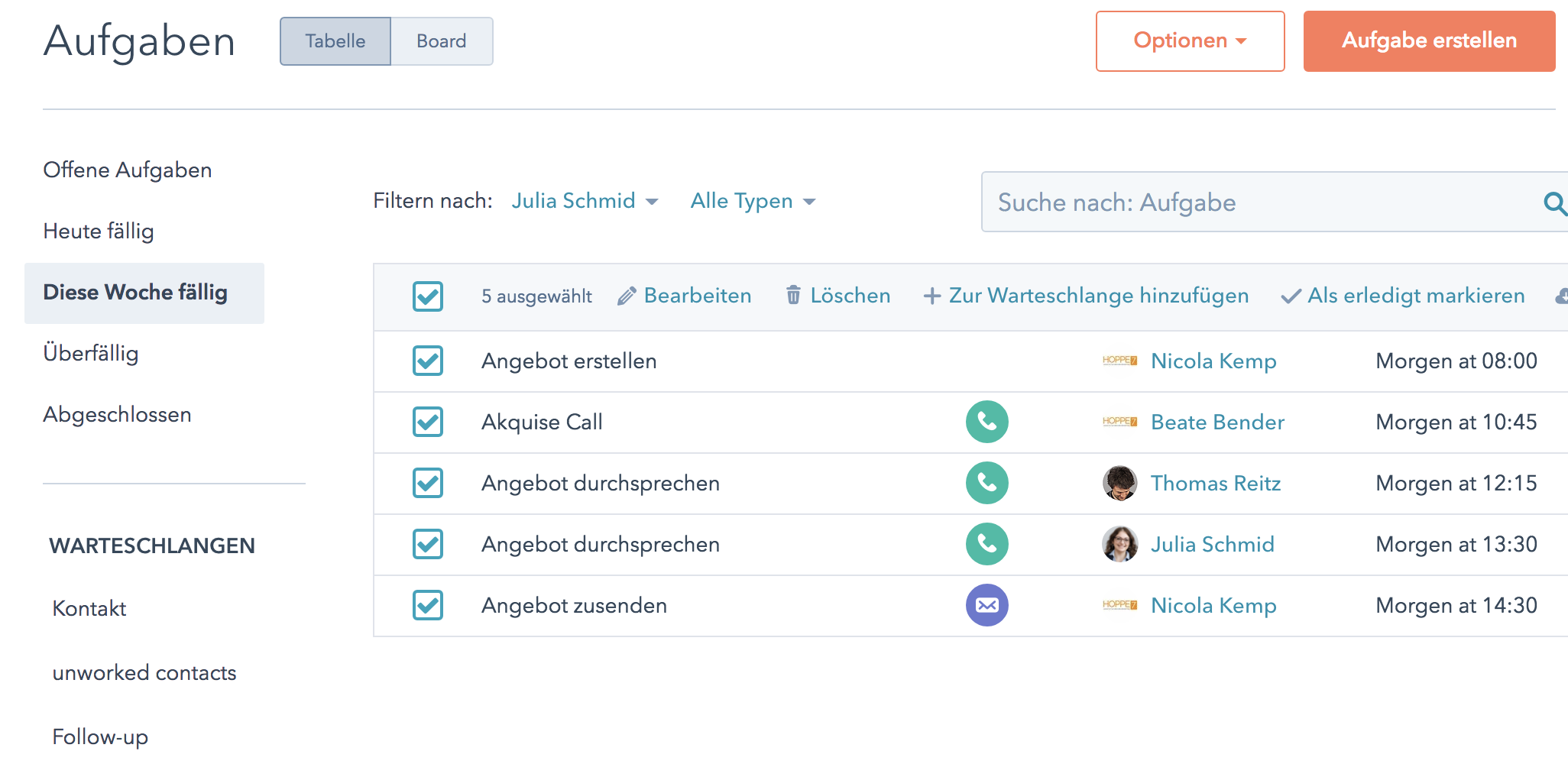 Aufgaben in HubSpot Warteschlange ordnen 