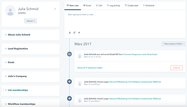 Beispiel Ansicht eines Kontaktes in der HubSpot CRM