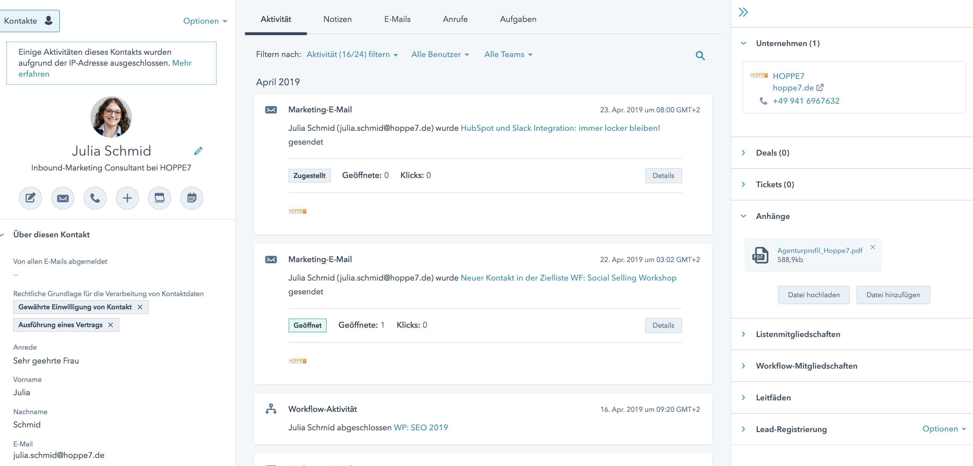 Dreigeteilte Kontaktansicht im neuen HubSpot CRM