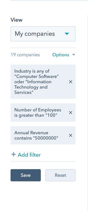 Filtermöglichkeiten HubSpot CRM: Unternehmen