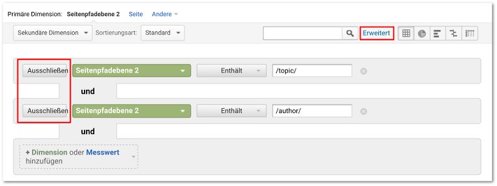 Autor- und Kategorieseiten ausschließen - Screenshot Analytics