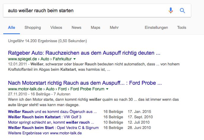 Beispiel informationelle Suchanfrage - weißer Rauch beim starten