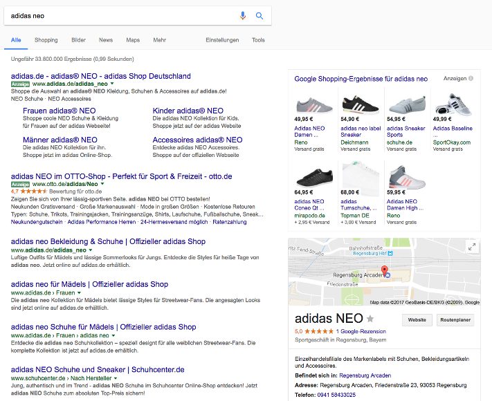 Beispiel für kommerzielle Suchanfrage. Adidas NEO